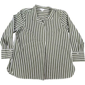 J. Jill Striped Cotton Button Down Shirt Large Green White Coastal Preppy Blouse